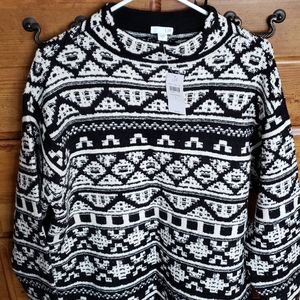 JJILL Black/Cream Collared Patterned Sweater Sz Large NWT Excellent Condition